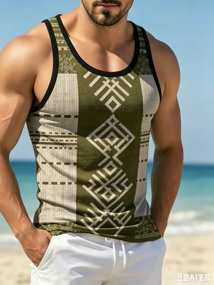 빈티지 에스닉 기하학 무늬 트라이벌 스플라이싱 남성 탱 - Men'S Ethnic Fashion Trends 리뷰 및 가격